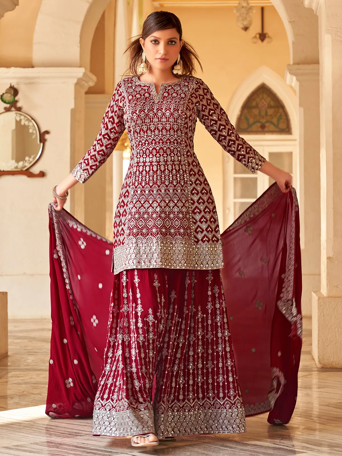 Stylish wine georgette palazzo suit