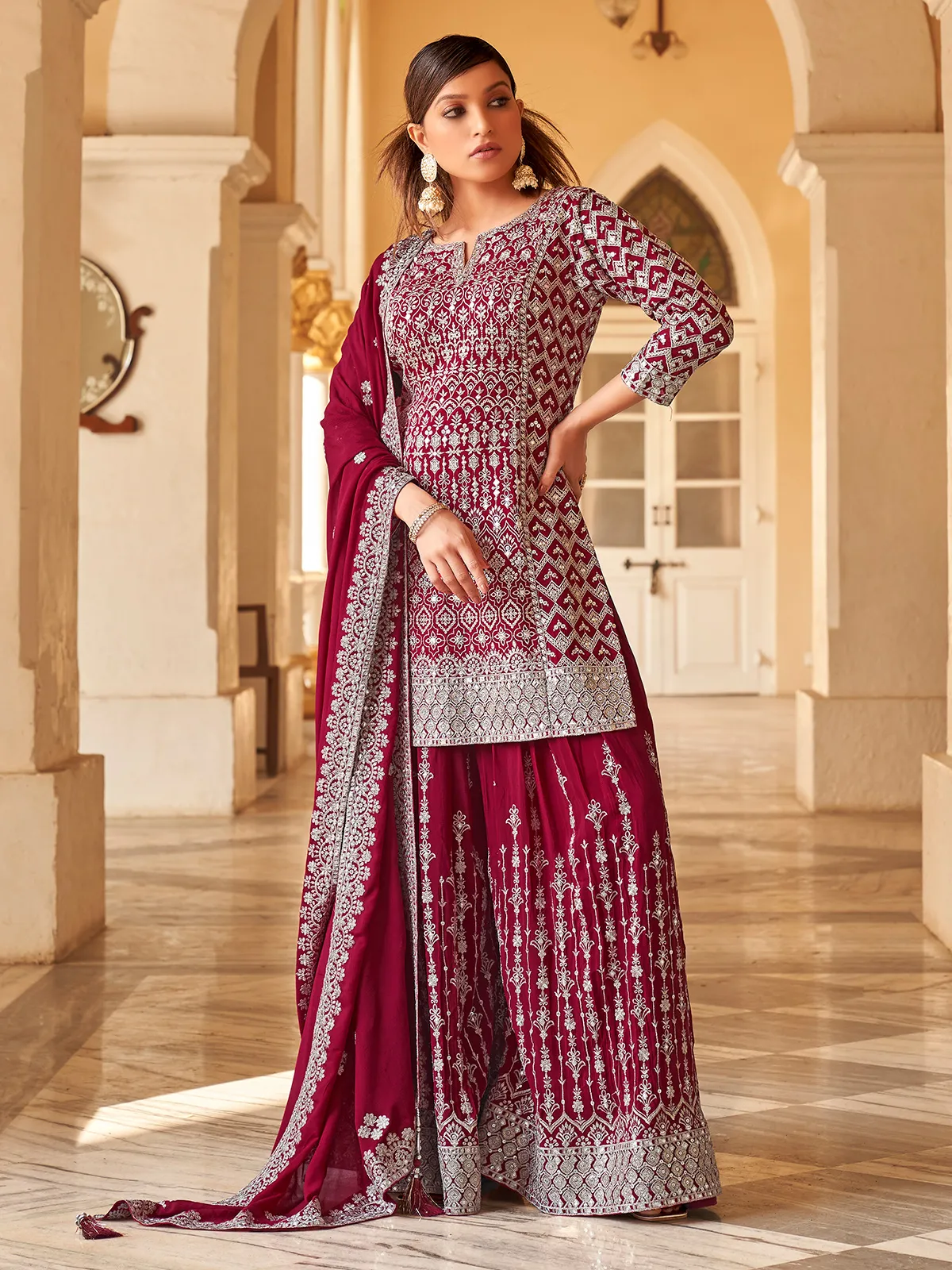 Stylish wine georgette palazzo suit