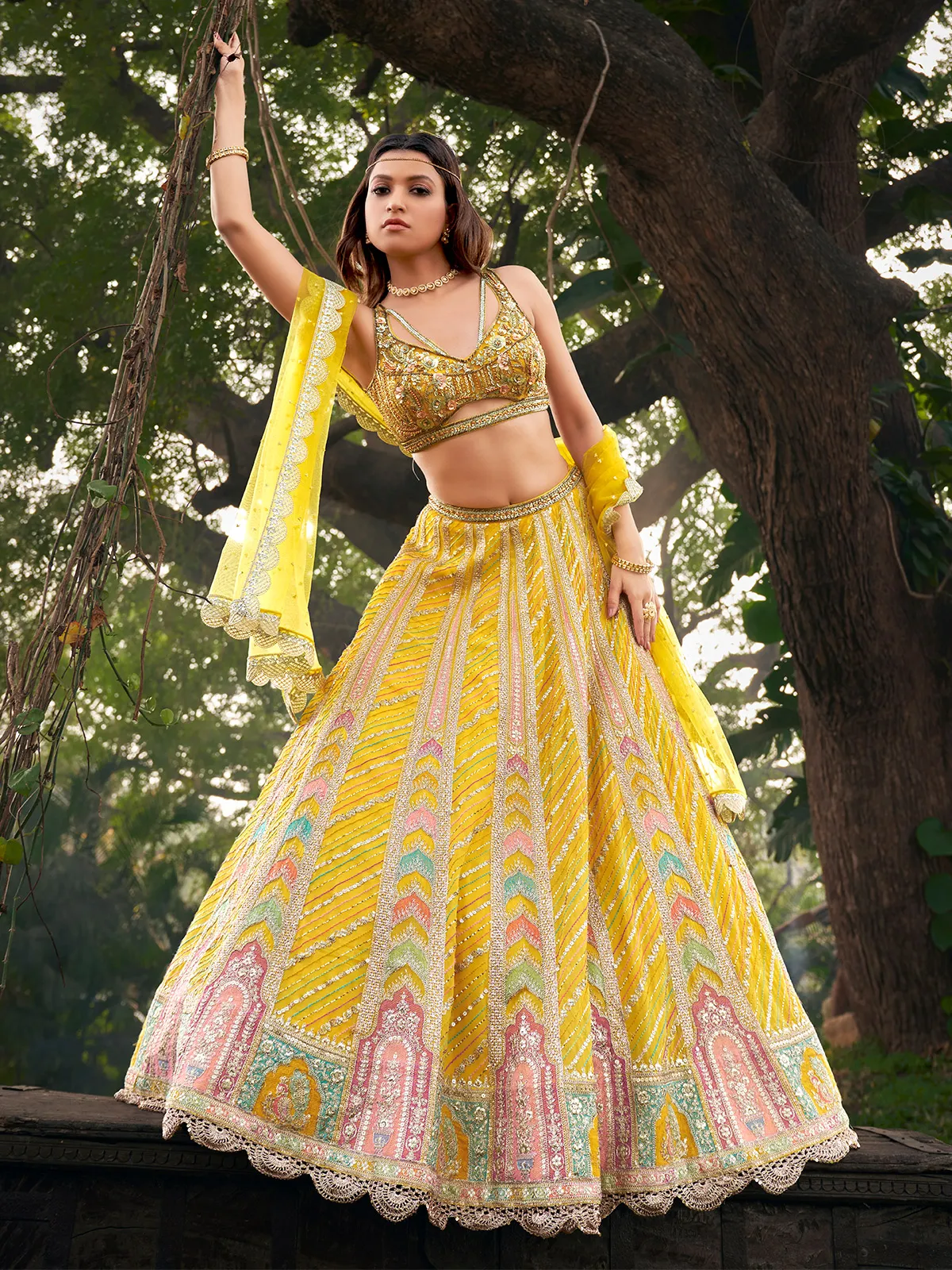 Stylish yellow georgette lehenga choli