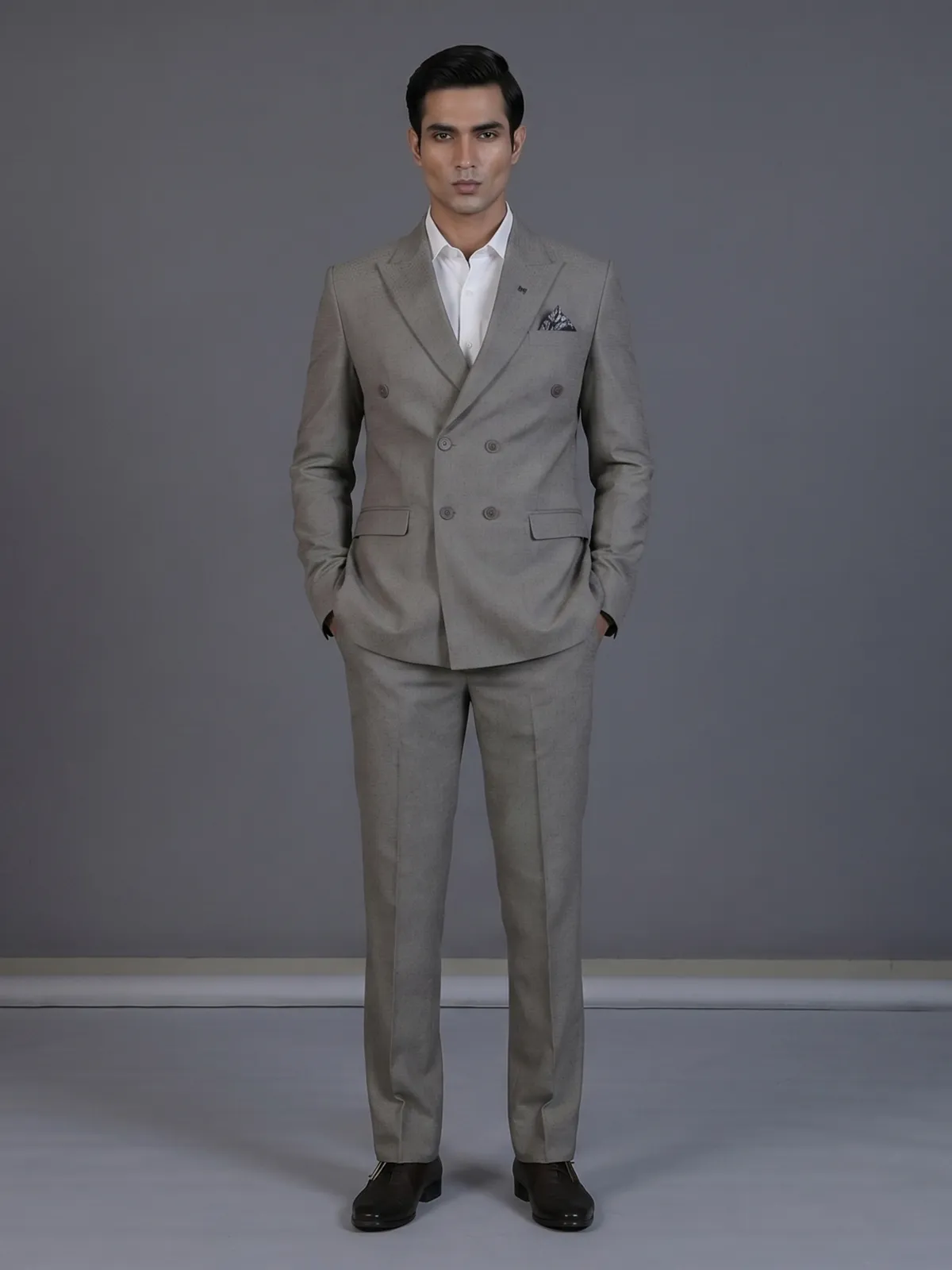 Taupe designer double breasted suit with textured birdseye peak lapel