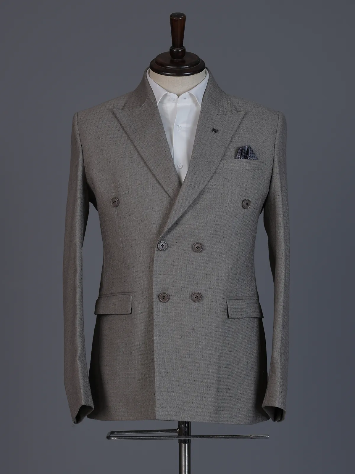 Taupe designer double breasted suit with textured birdseye peak lapel