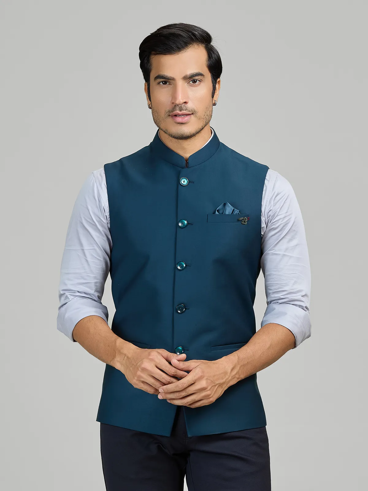 Teal blue party wear terry rayon waistcoat-G3-MWC2902 | United States
