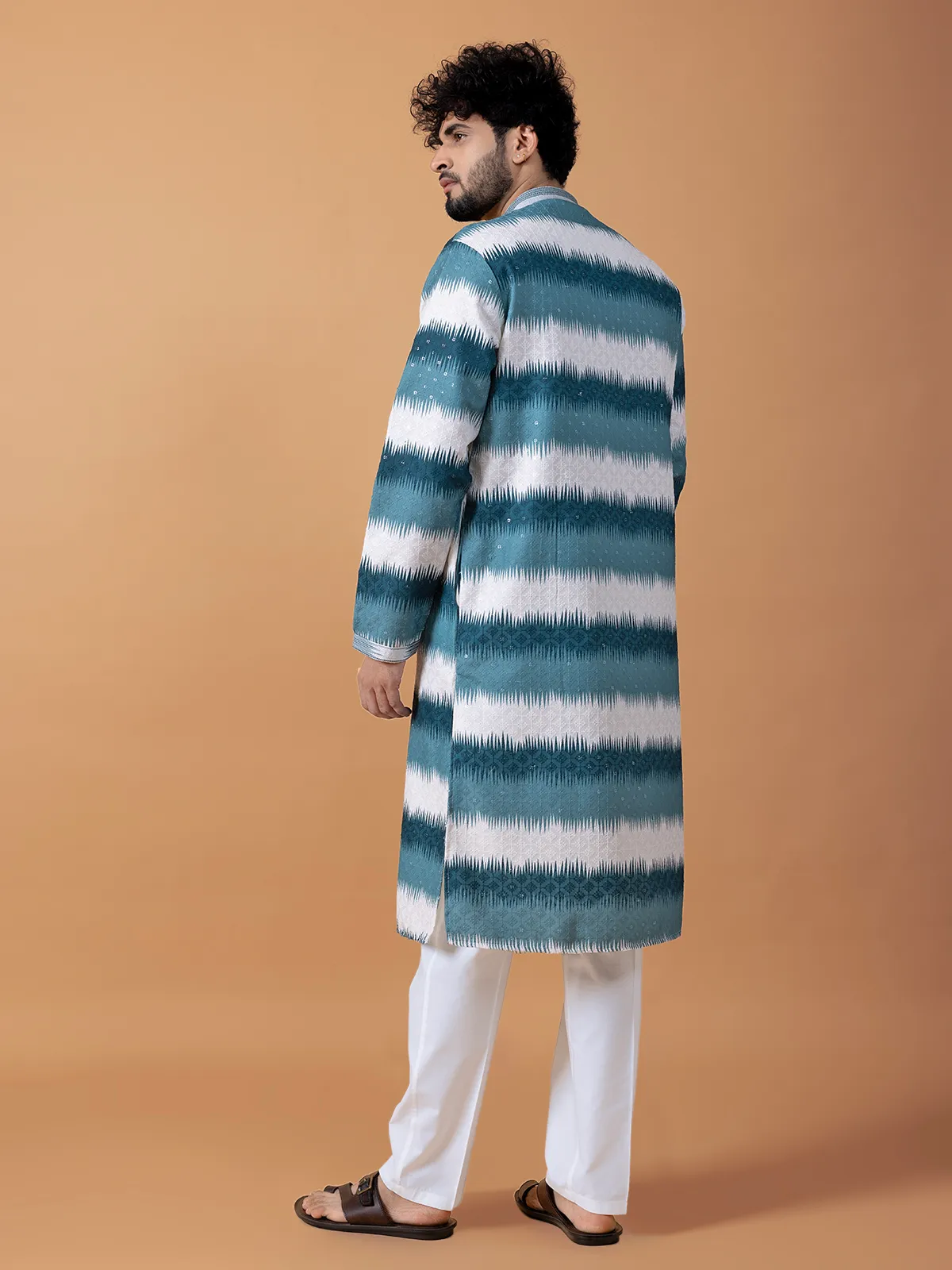 Teal blue printed embroidery kurta suit