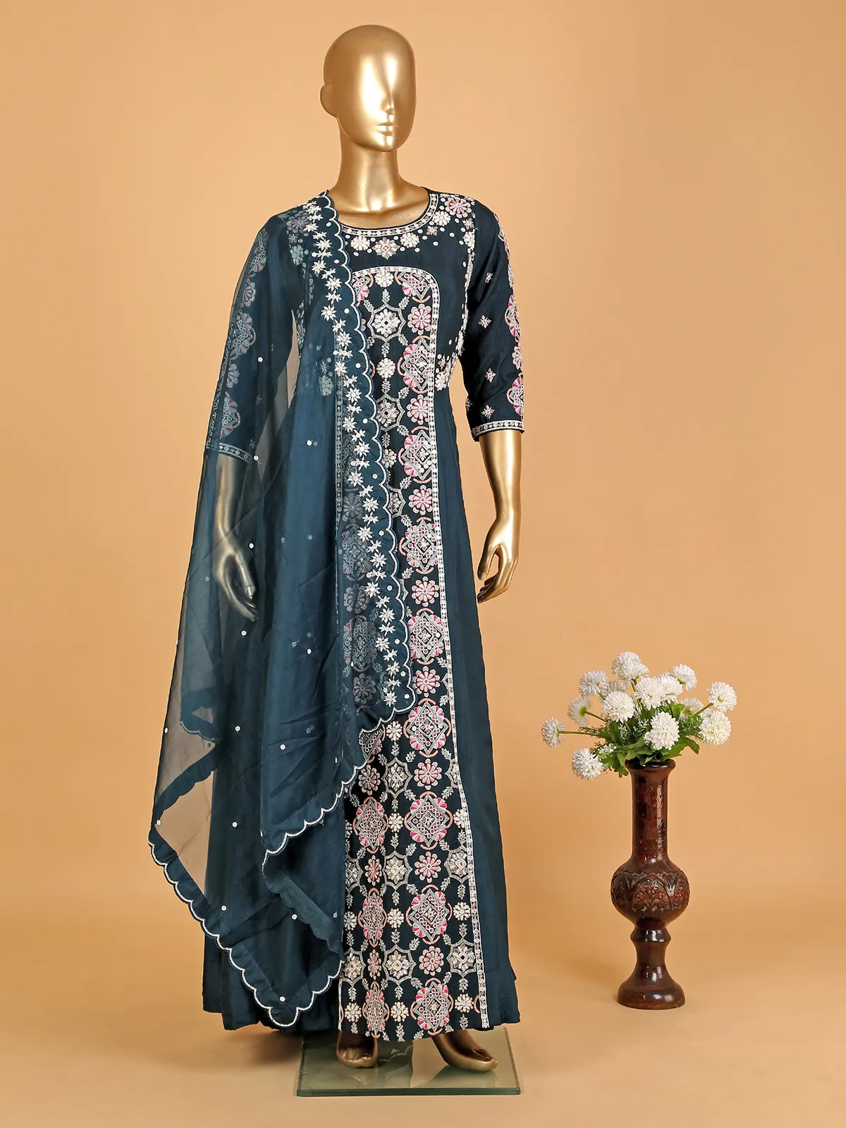 Teal blue raw silk floor-length suit