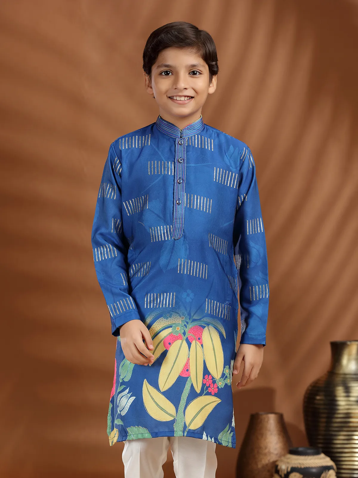 Teal blue silk kurta pajama in printed