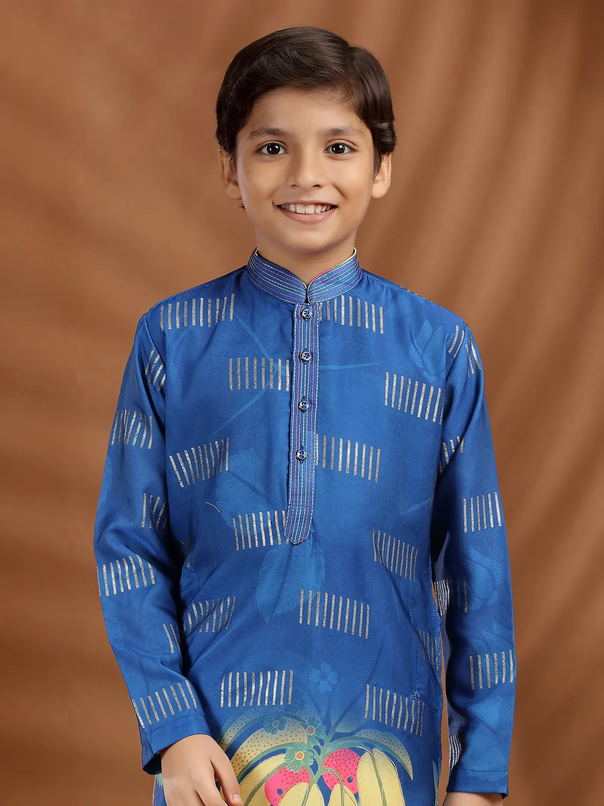 Teal blue silk kurta pajama in printed