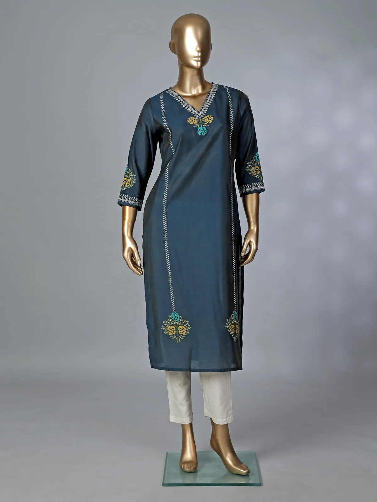 Teal blue silk thread and sequins casual kurti