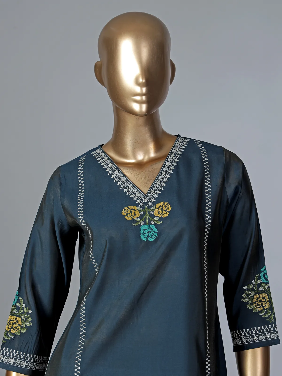 Teal blue silk thread and sequins casual kurti