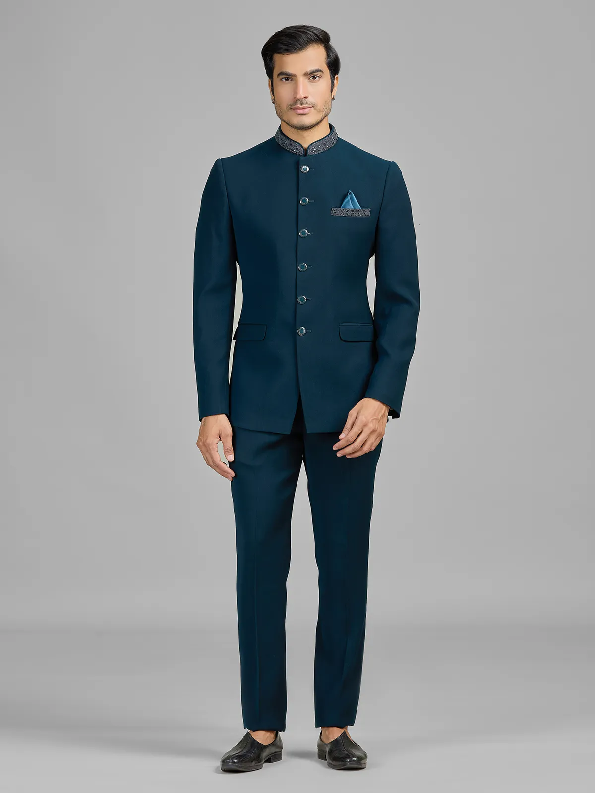 Teal blue terry rayon wedding wear jodhpuri suit