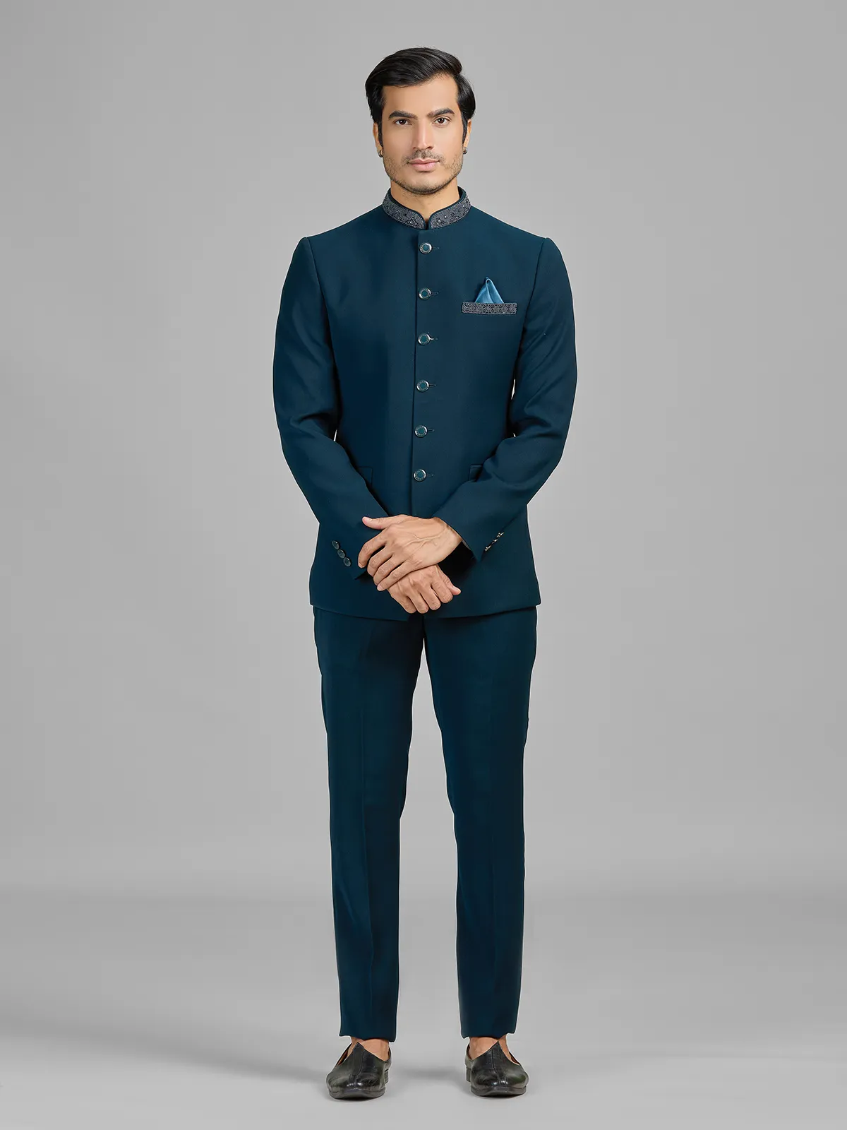 Teal blue terry rayon wedding wear jodhpuri suit
