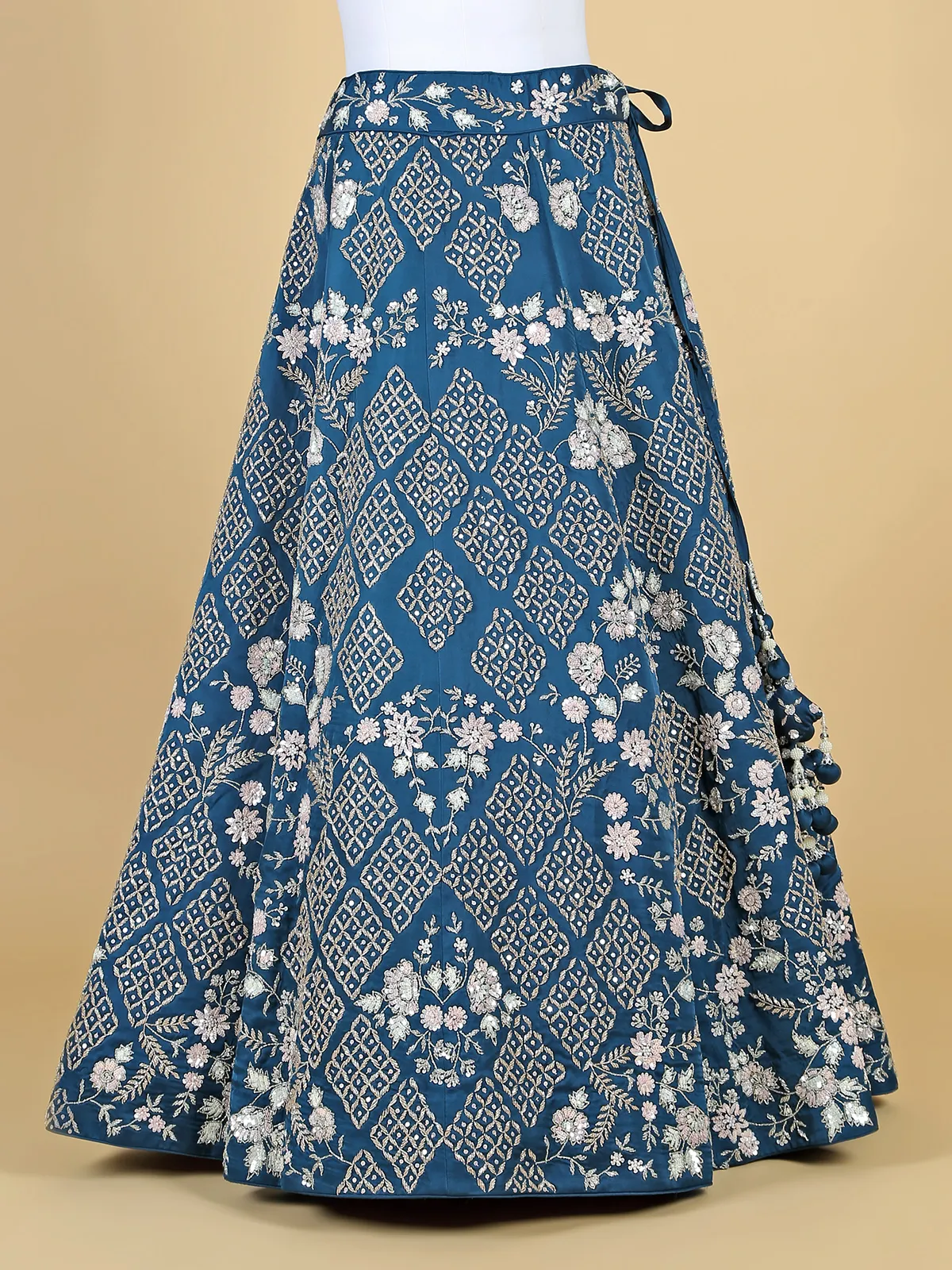 Teal blue unstitched lehenga choli in raw silk