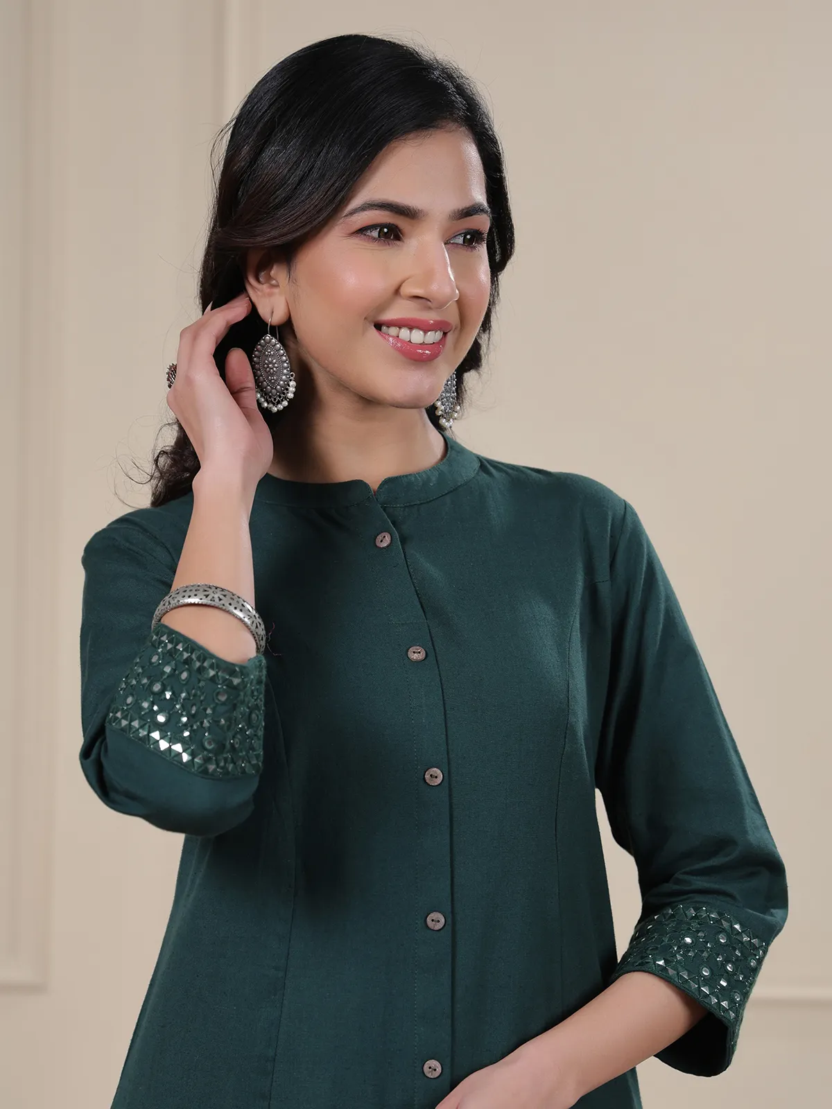 Teal green cotton plain kurti