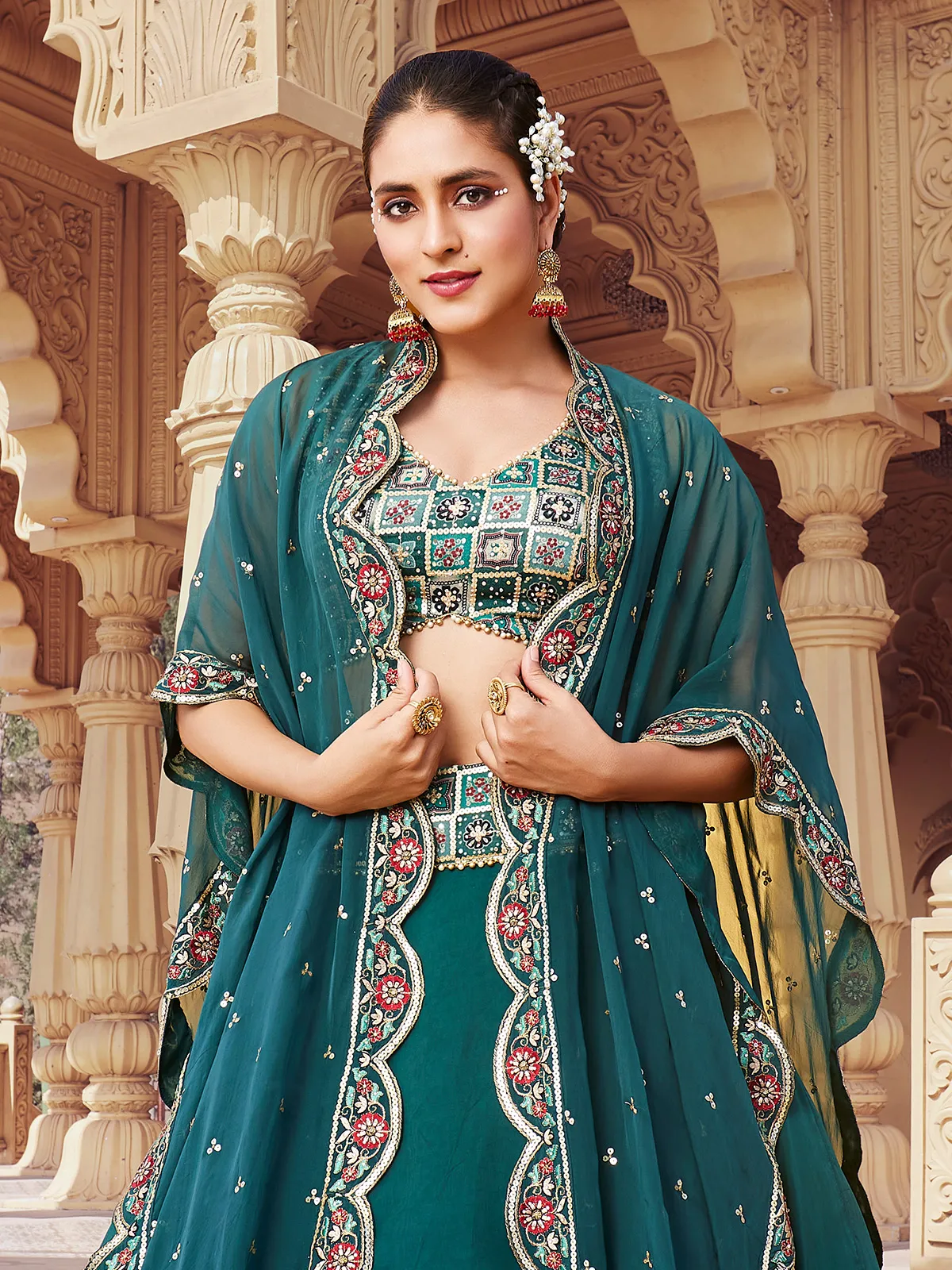 Teal green georgette printed lehenga choli