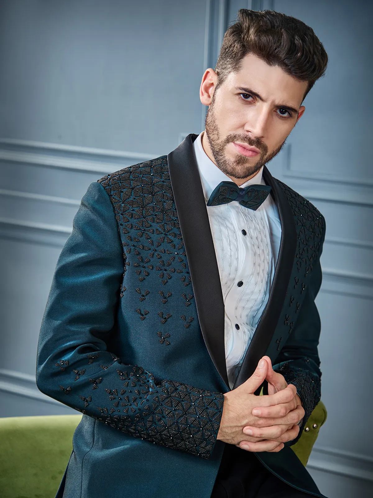 Teal Green Metal Pearls Embellished Tuxedo Suit
