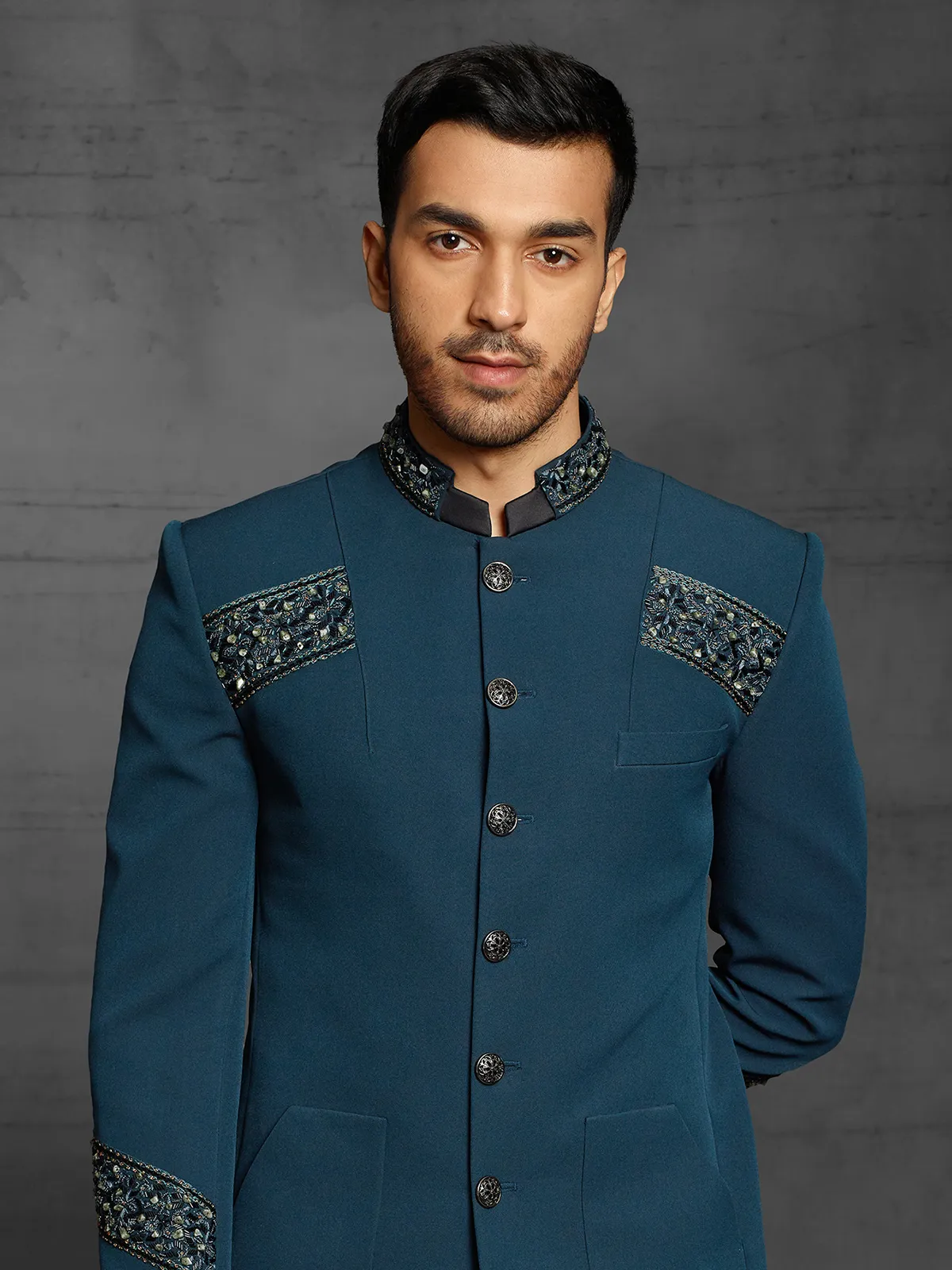 Terry rayon jodhpuri suit in teal blue color