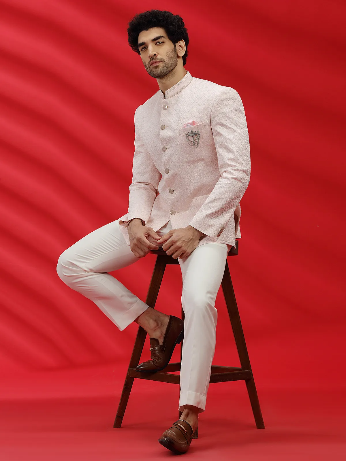 Terry rayon party wear light pink jodhpuri suit