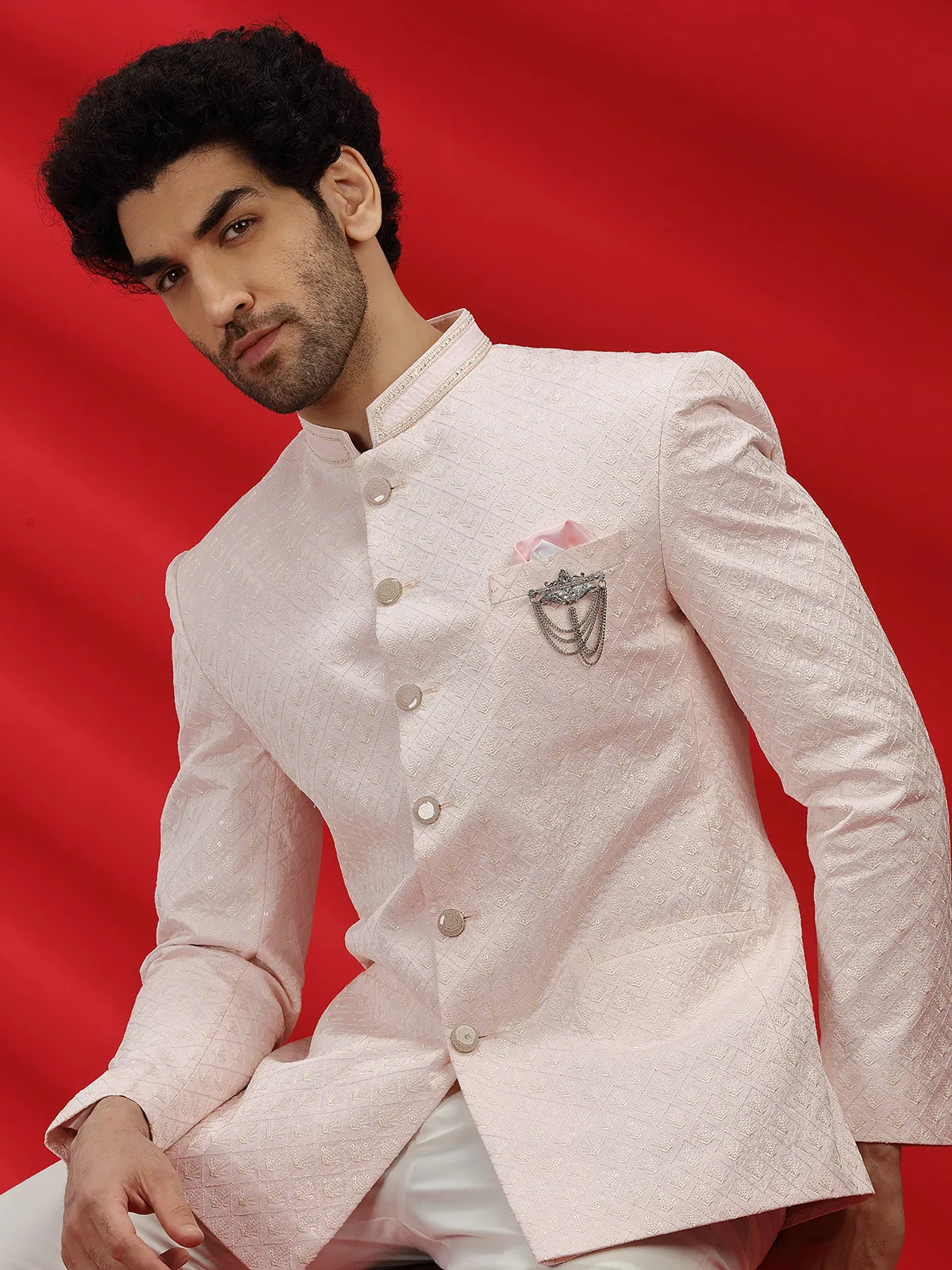 Terry rayon party wear light pink jodhpuri suit