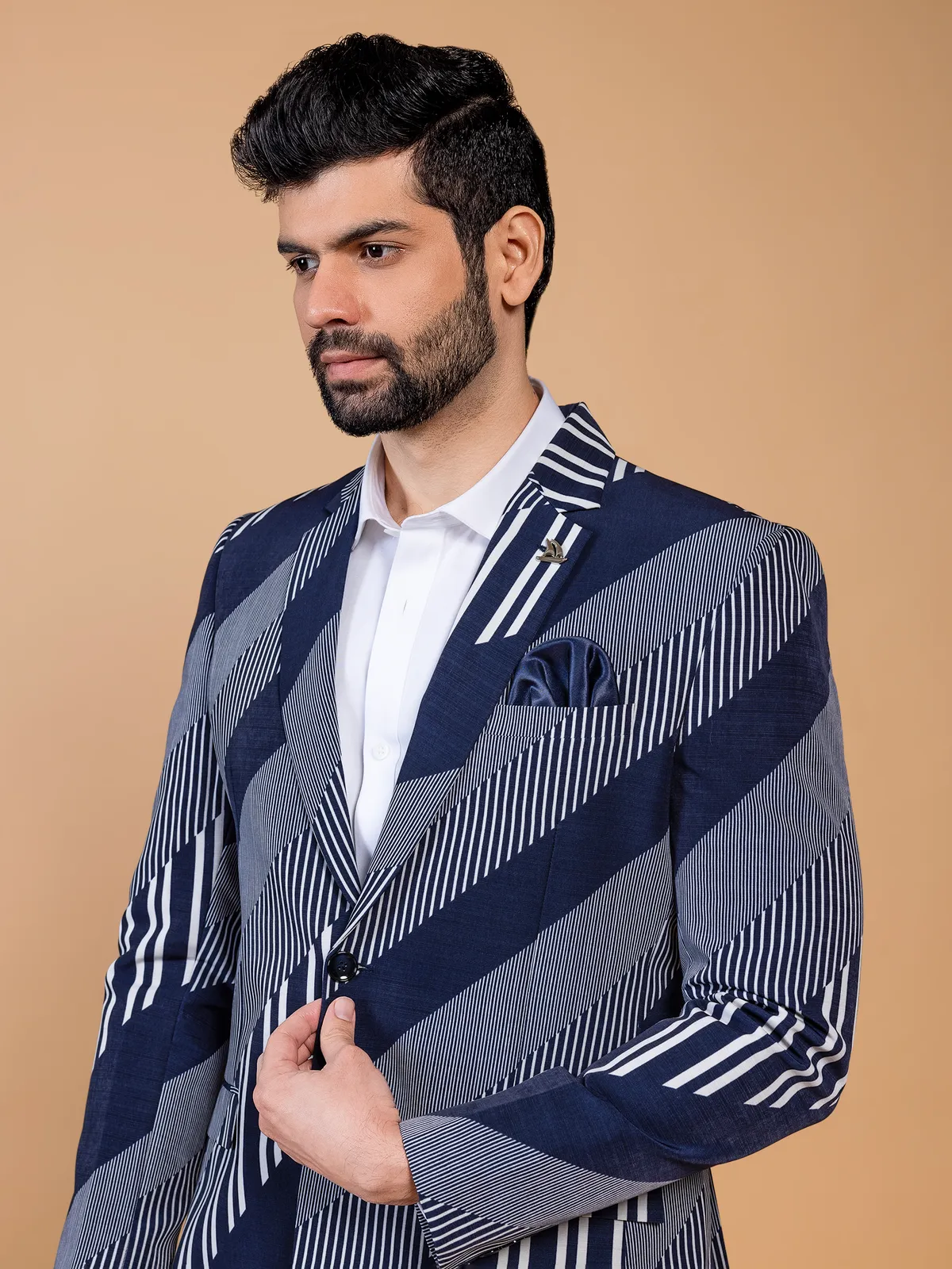 Terry rayon stripe navy blazer