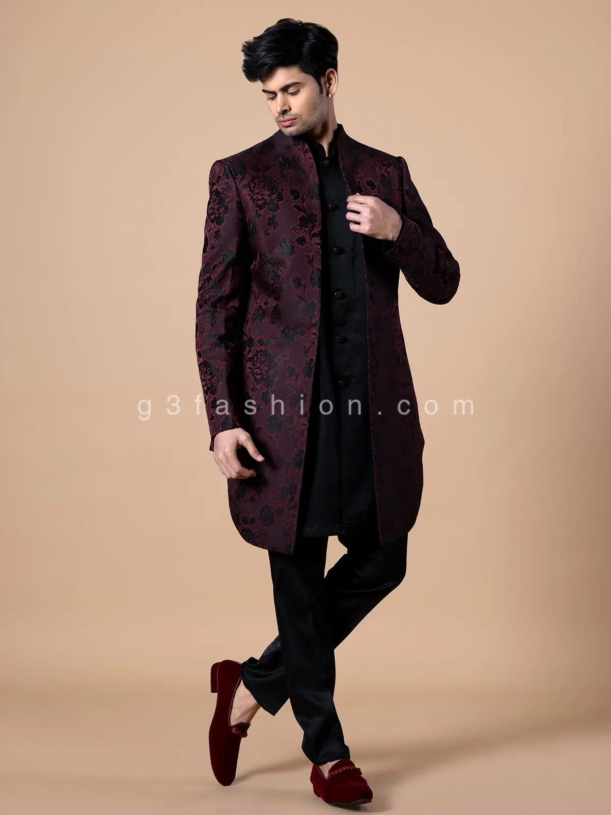 Silk wine indowestern with embroidery