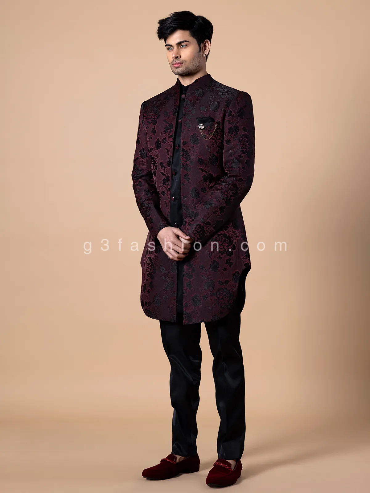 Silk wine indowestern with embroidery
