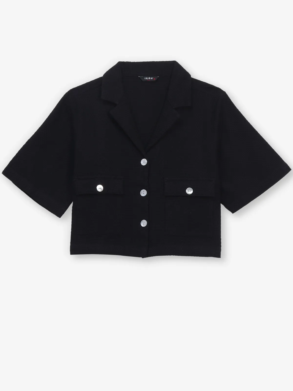Textured black cotton crop shirt