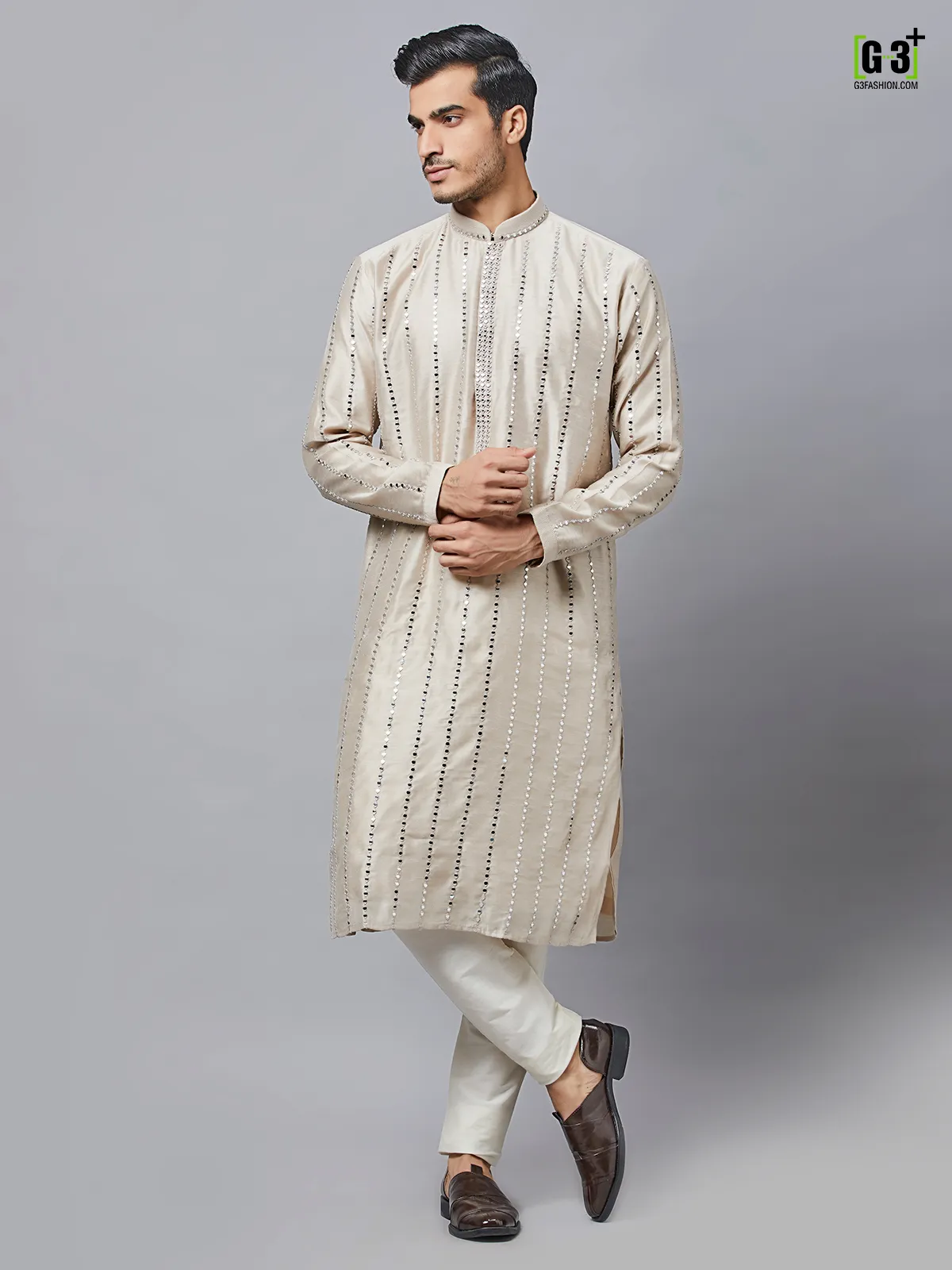 Thread work men beige silk kurta set