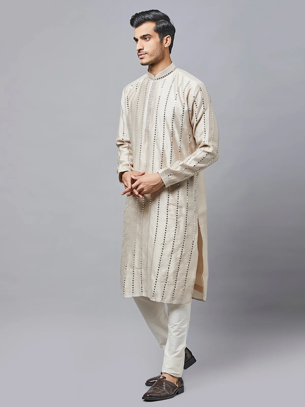 Thread work men beige silk kurta set