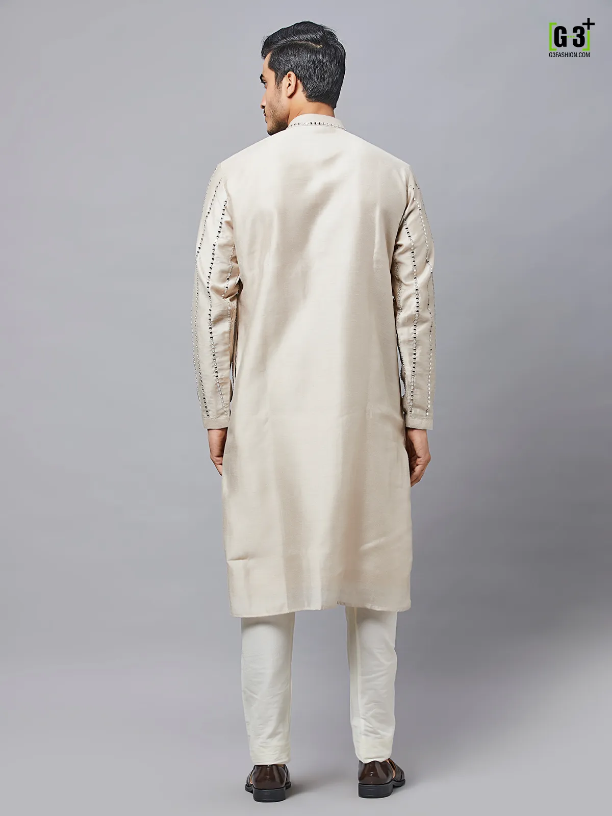 Thread work men beige silk kurta set