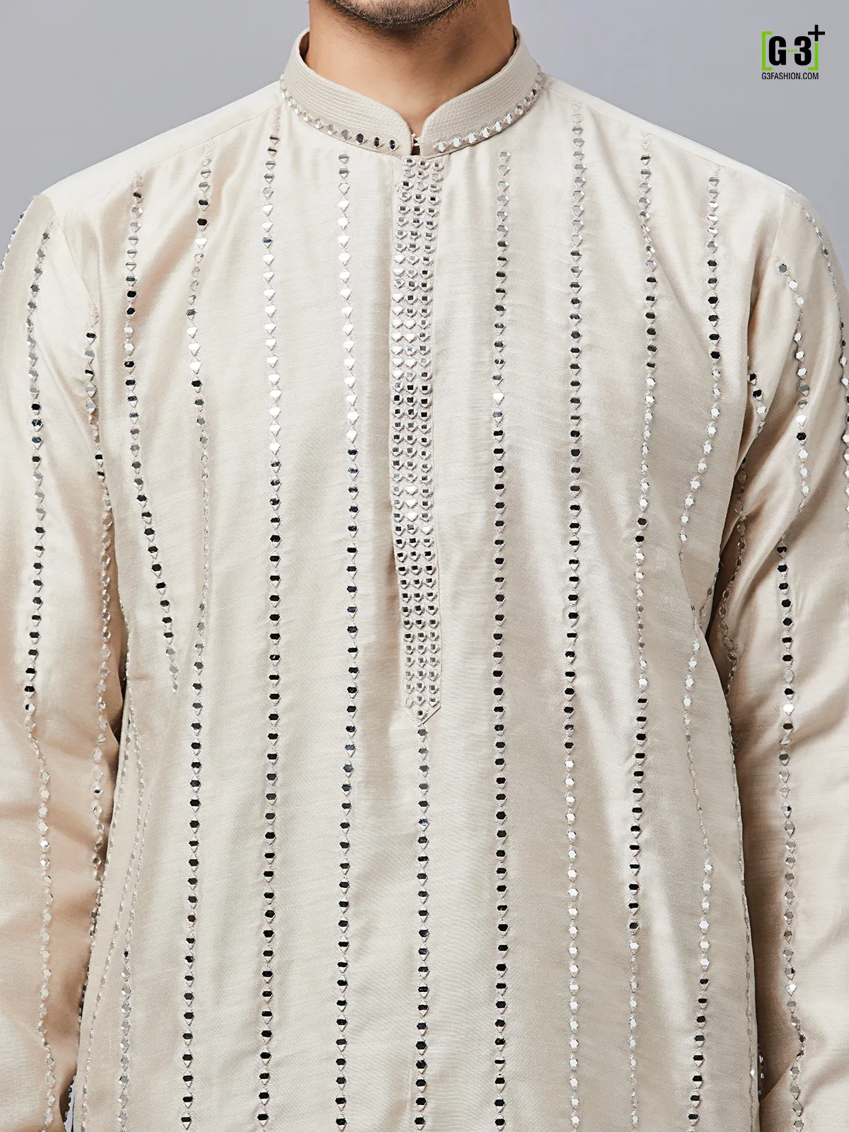 Thread work men beige silk kurta set