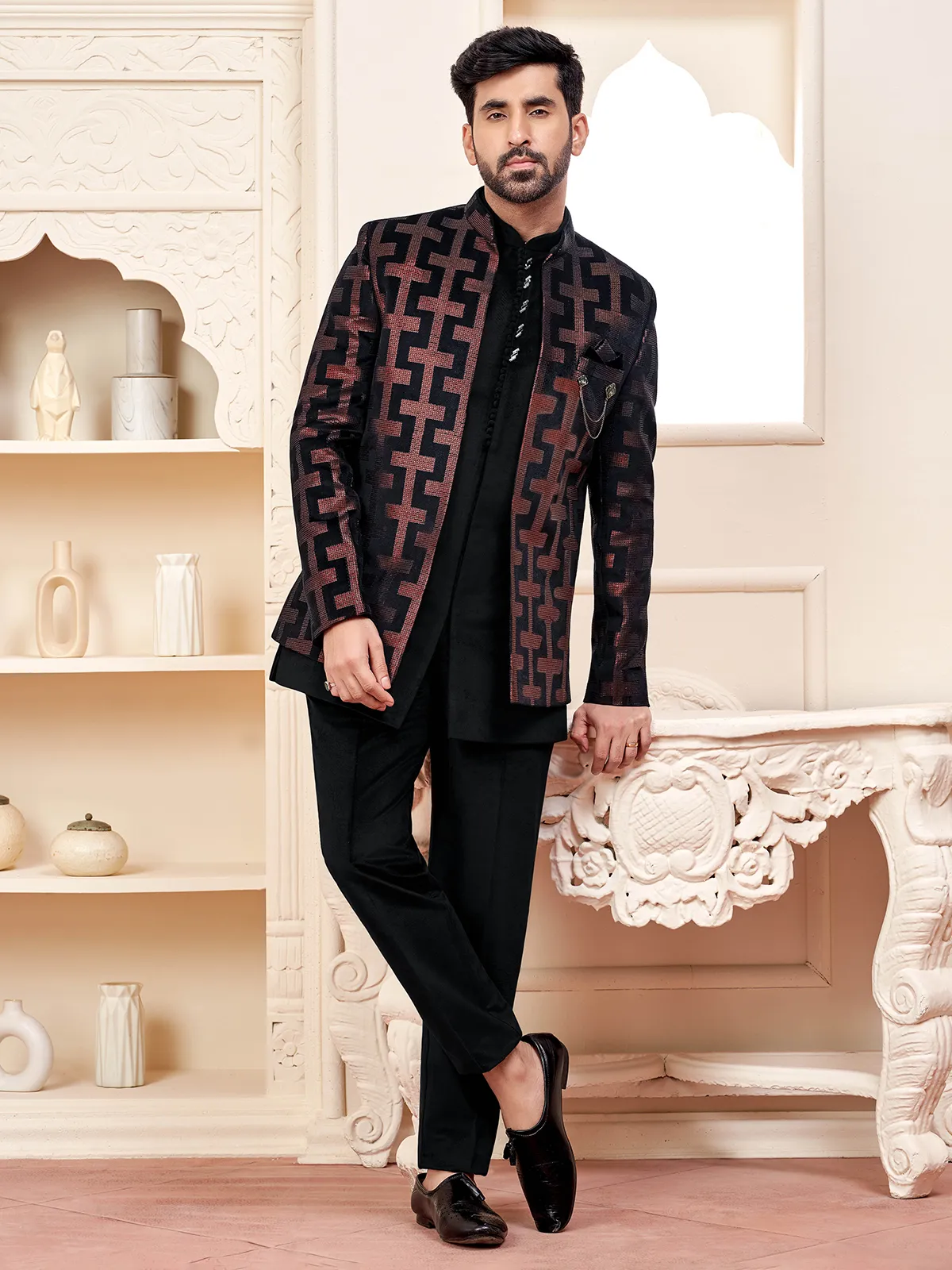 Timeless black indo western with sequins for wedding
