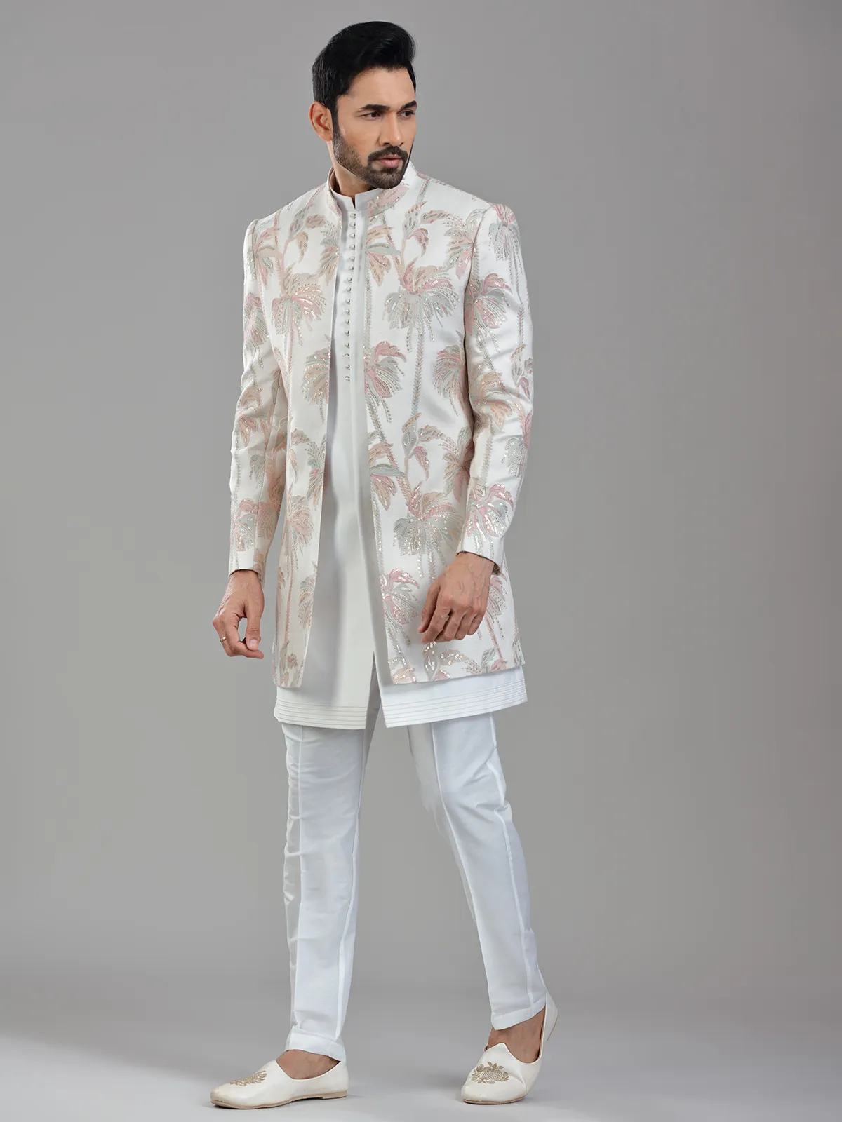 Timeless cream silk jacket style indowestern with delicate works
