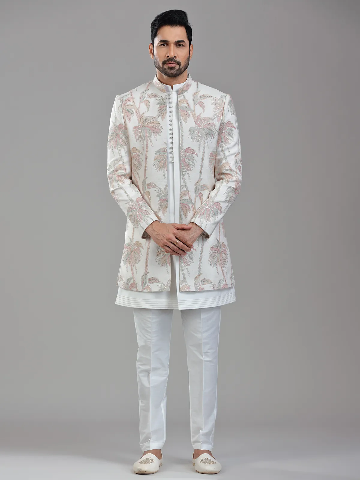 Timeless cream silk jacket style indowestern with delicate works