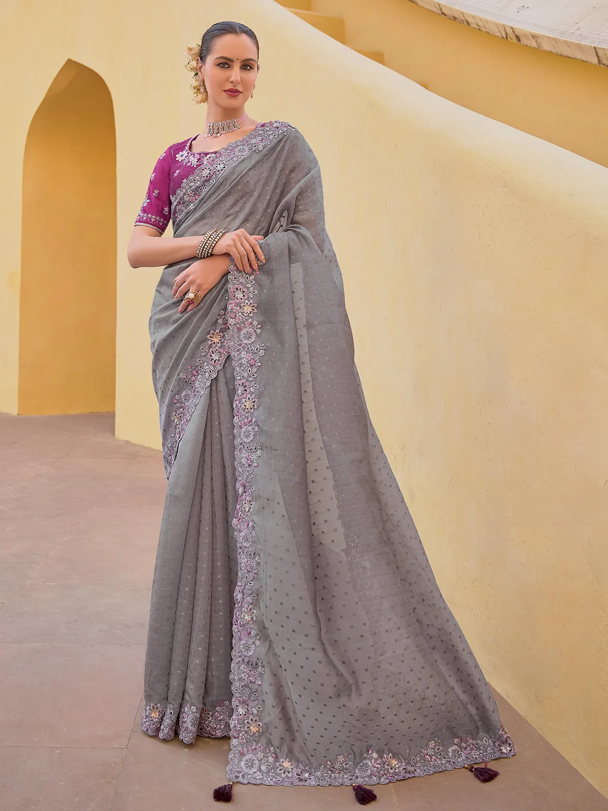 Tissue organza silk grey saree