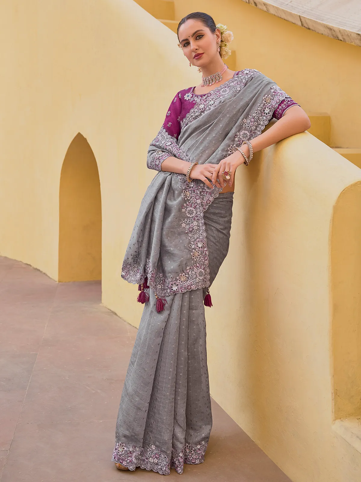 Tissue organza silk grey saree