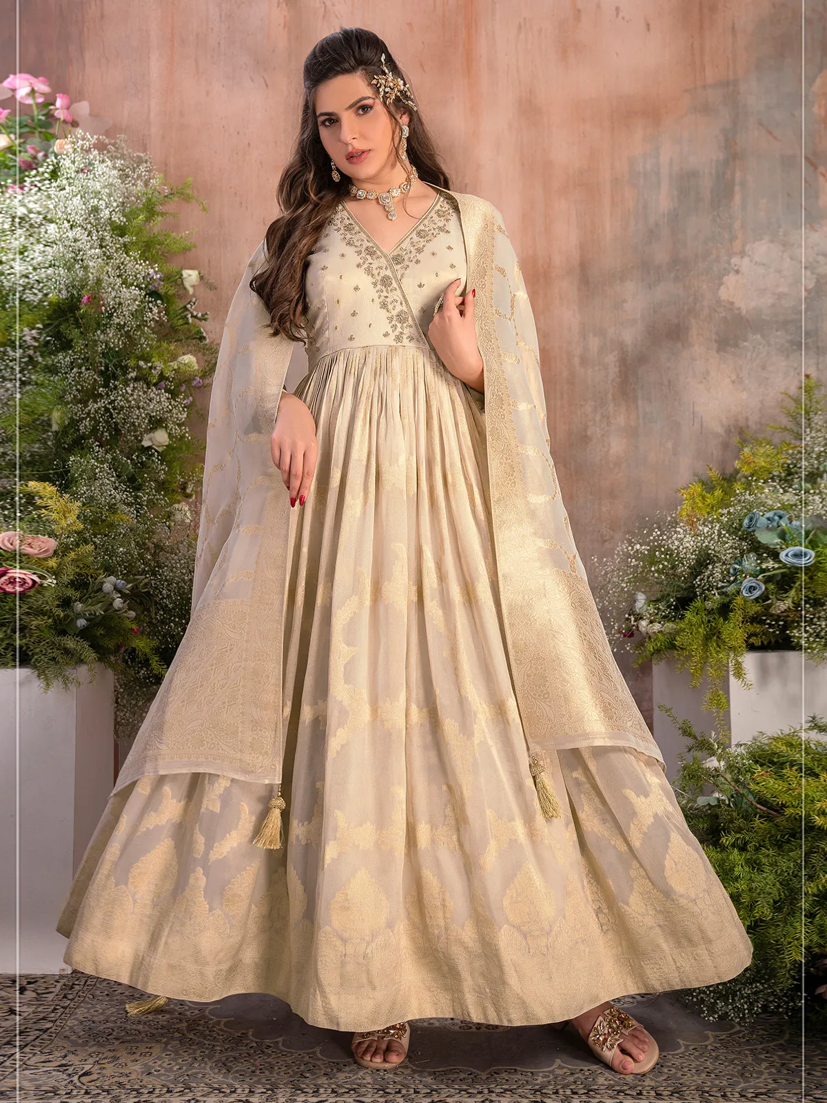 Tissue silk cream anarkali suit for wedding