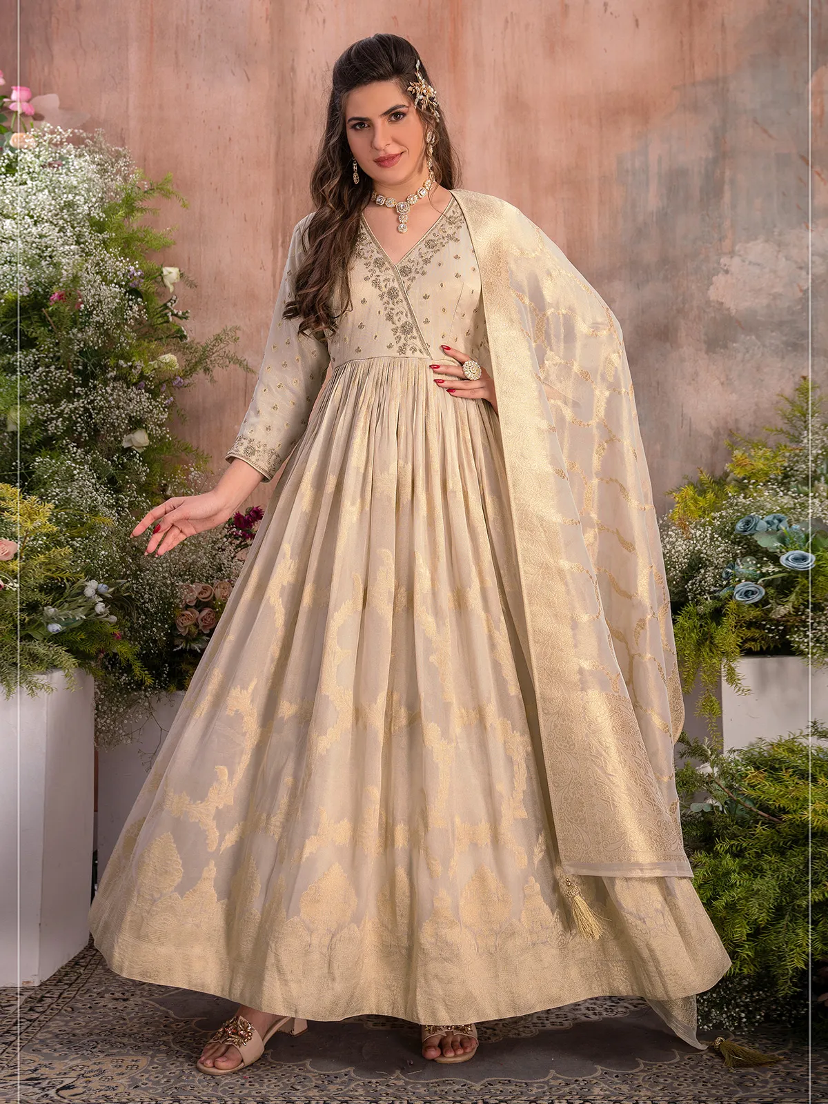 Tissue silk cream anarkali suit for wedding