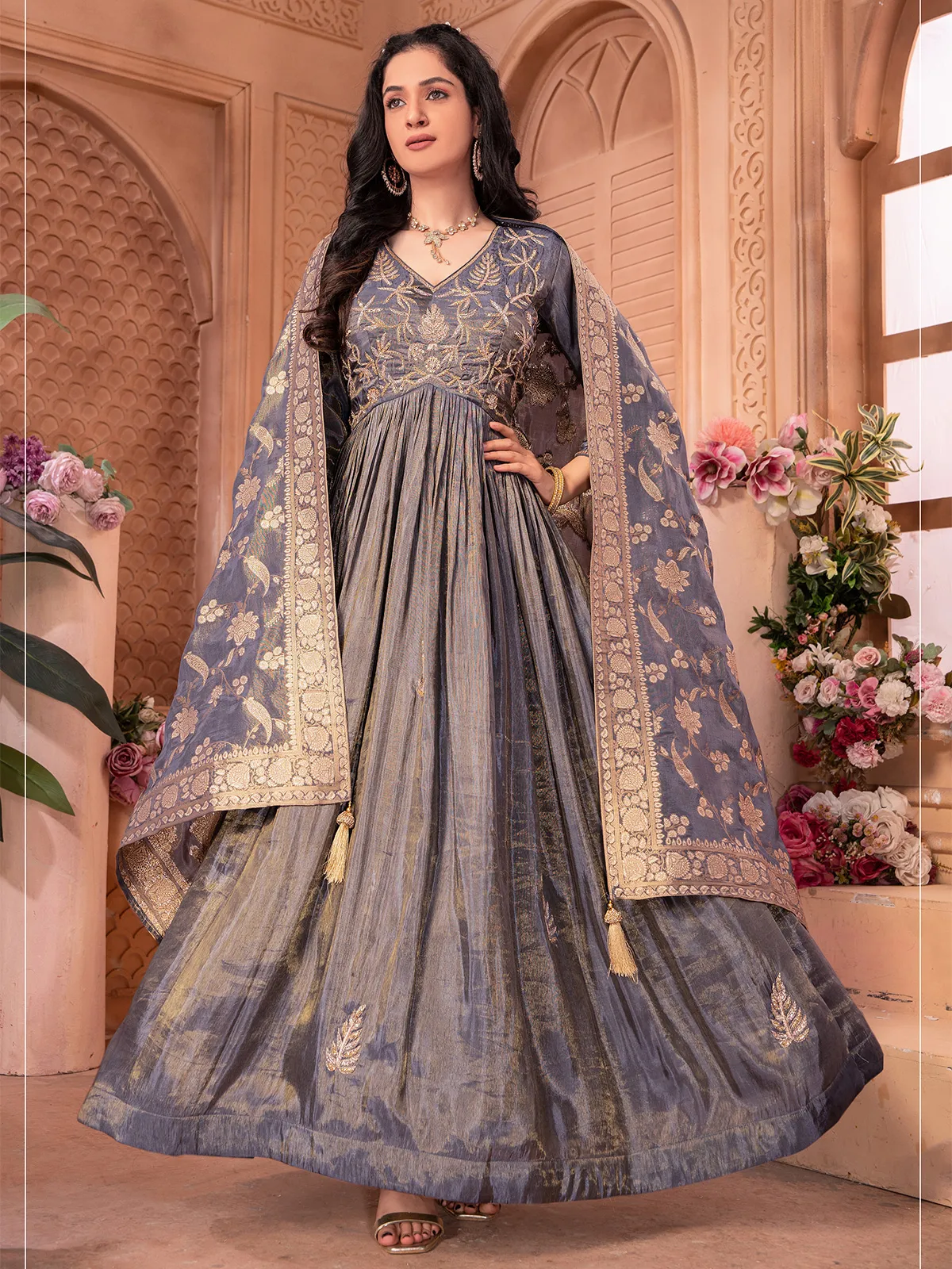 Tissue silk grey anarkali floor length suit