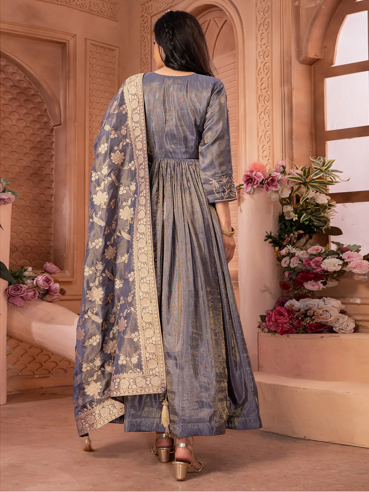 Tissue silk grey anarkali floor length suit