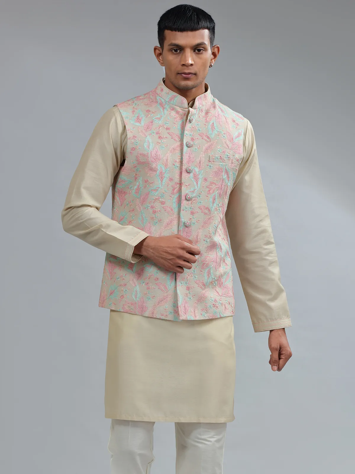 Traditional beige silk waistcoat set for wedding