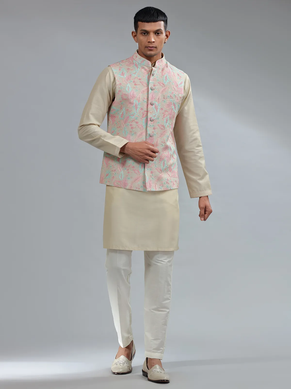 Traditional beige silk waistcoat set for wedding