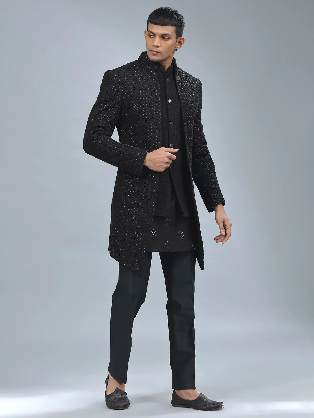 Traditional black terry rayon indowestern