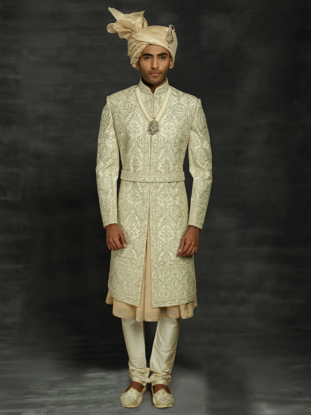 Traditional cream silk double layer sherwani for wedding