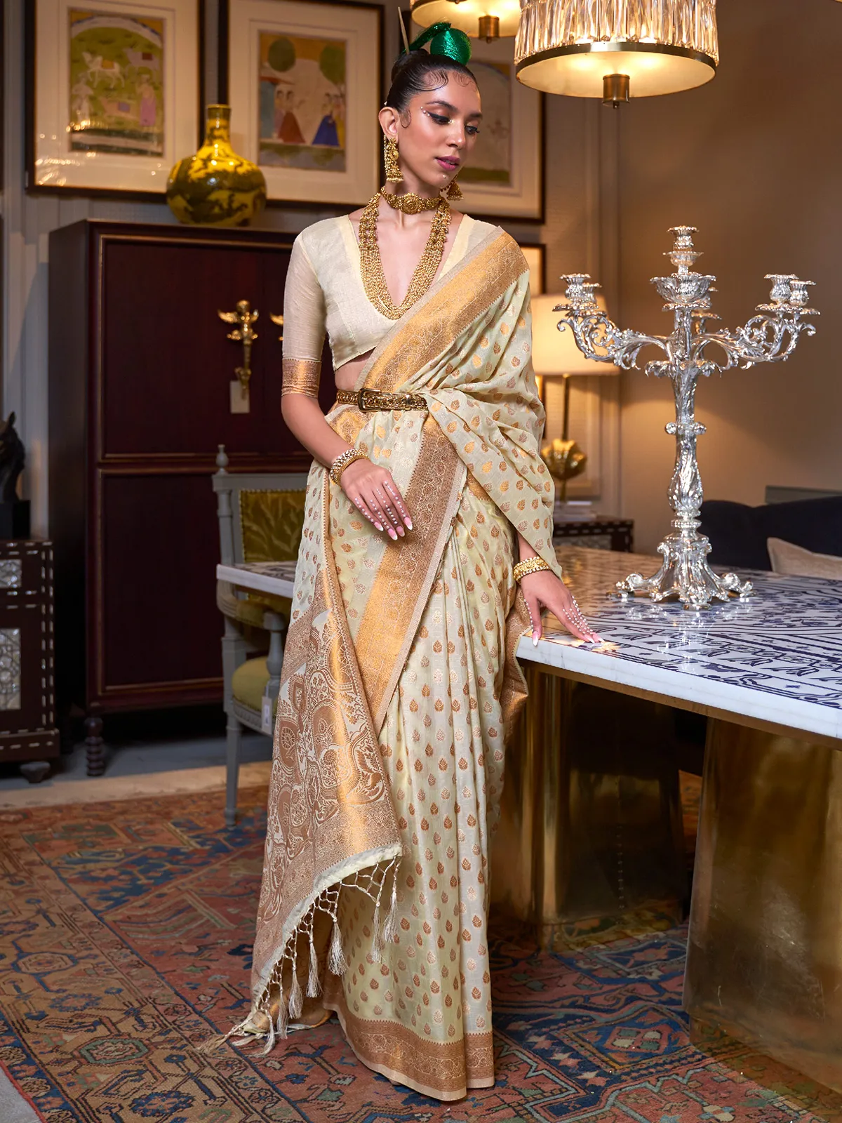 Traditional cream silk saree