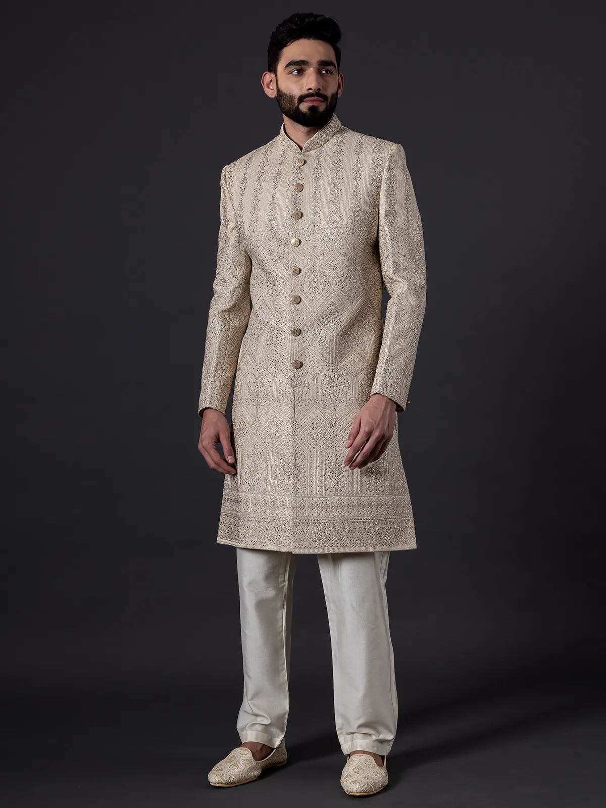 Traditional glimmerish beige silk sherwani for groom