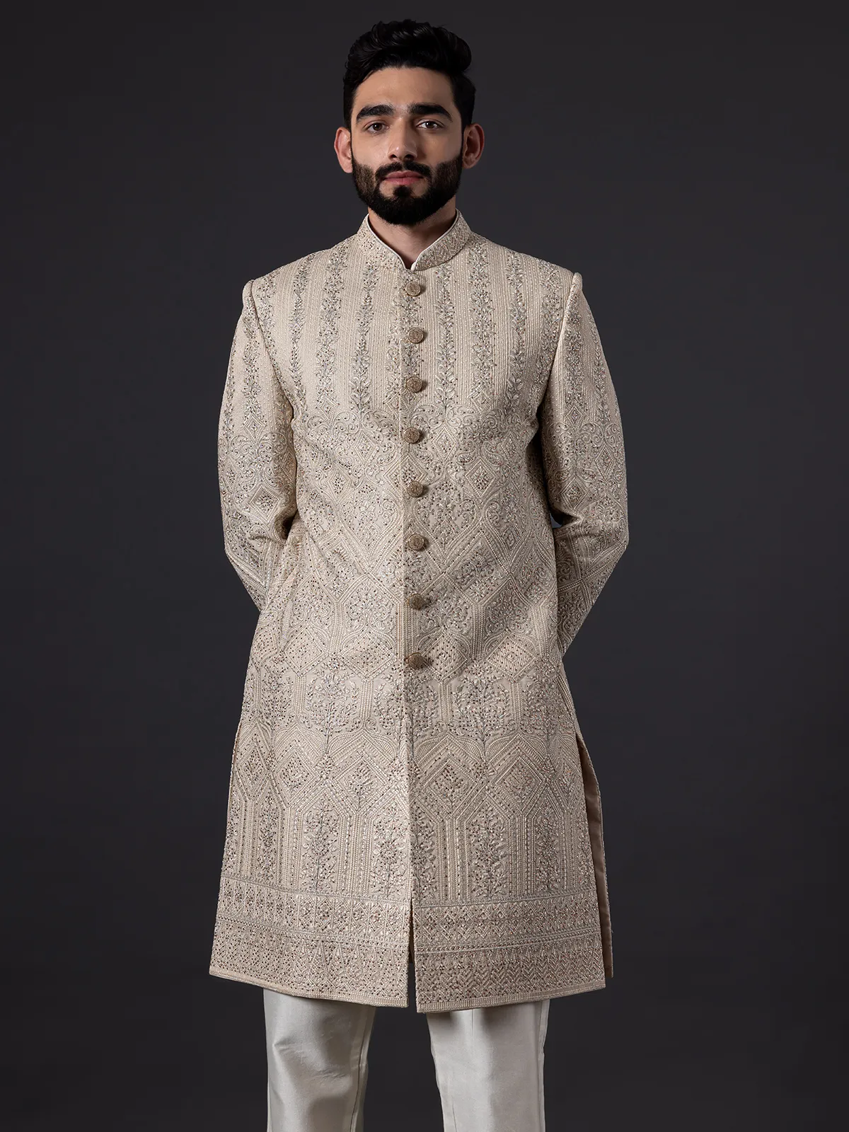 Traditional glimmerish beige silk sherwani for groom