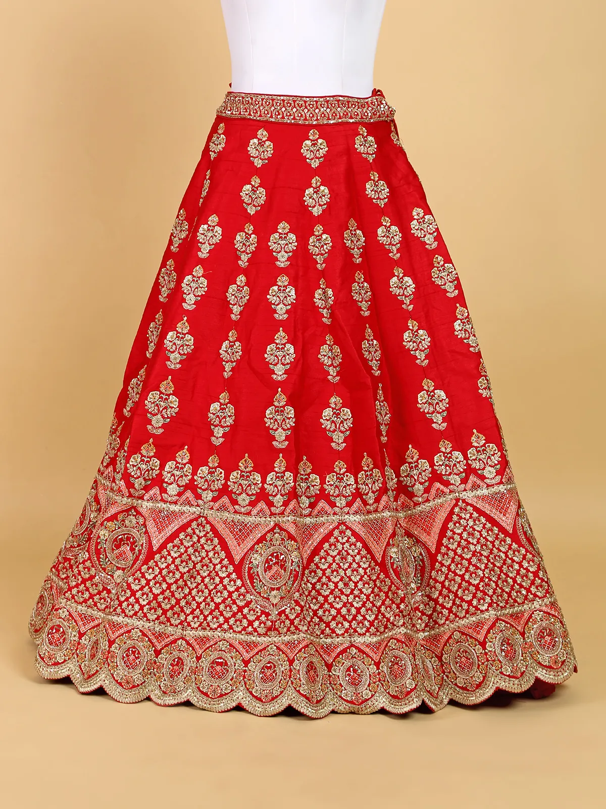 Traditional red unstitched raw silk lehenga choli