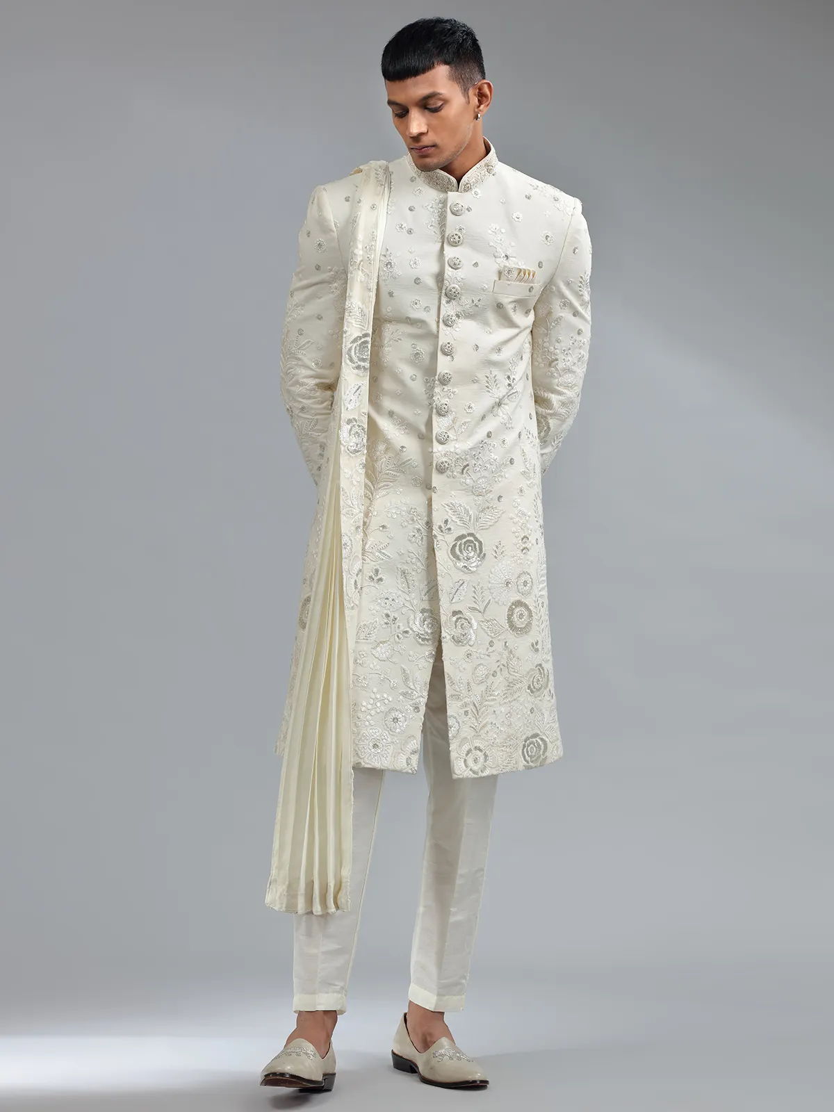 Traditional white silk floral embroidery sherwani