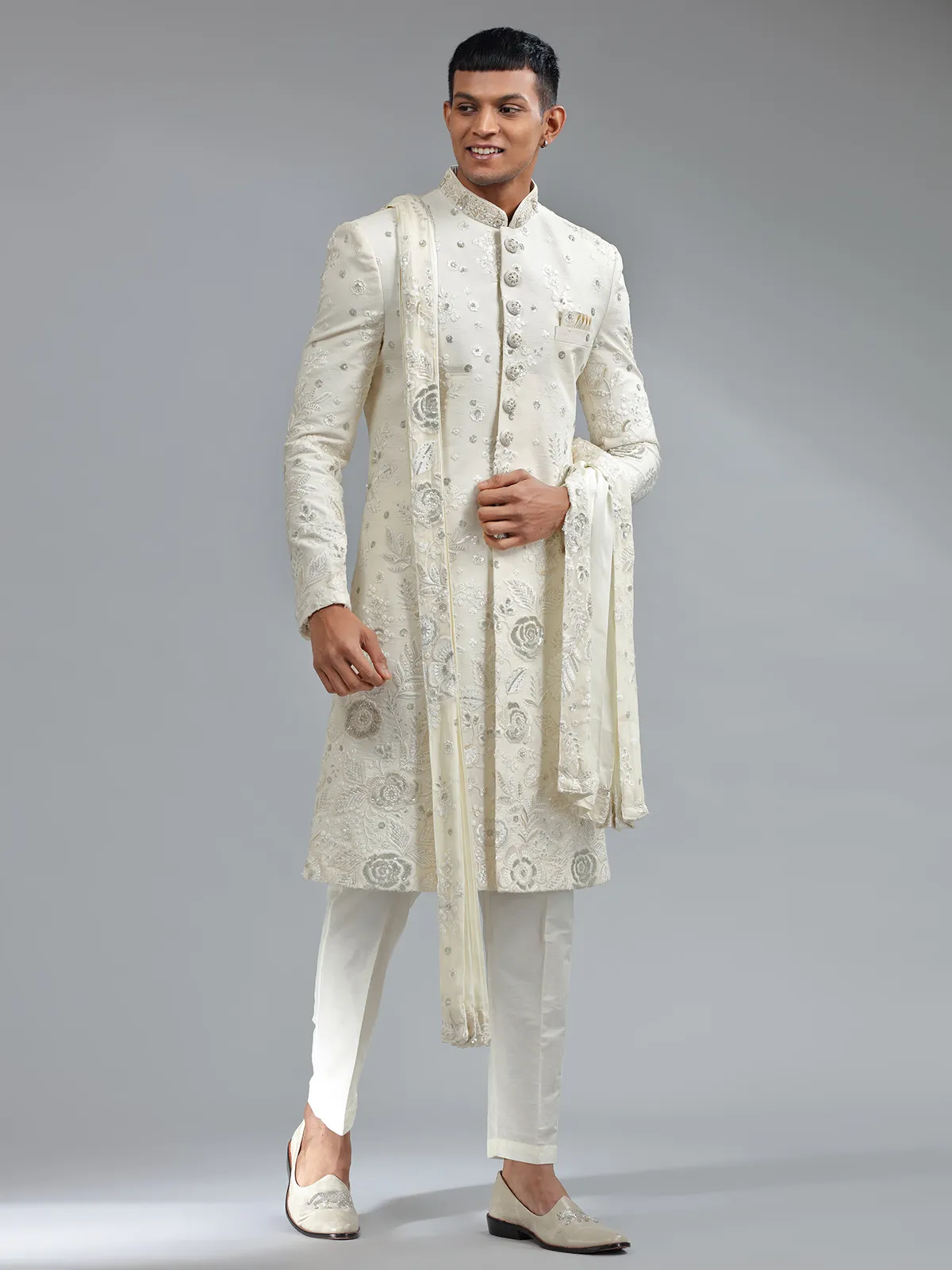 Traditional white silk floral embroidery sherwani