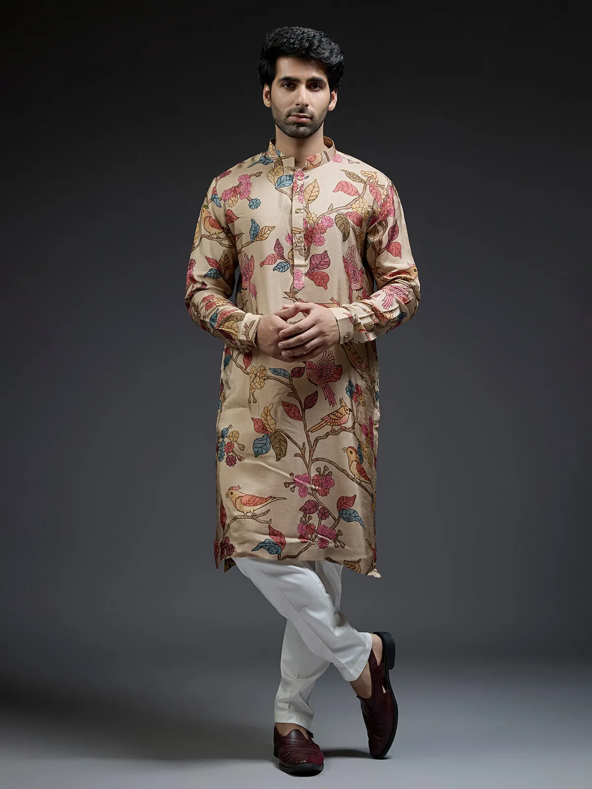 Trendy applique beige printed silk kurta suit for men
