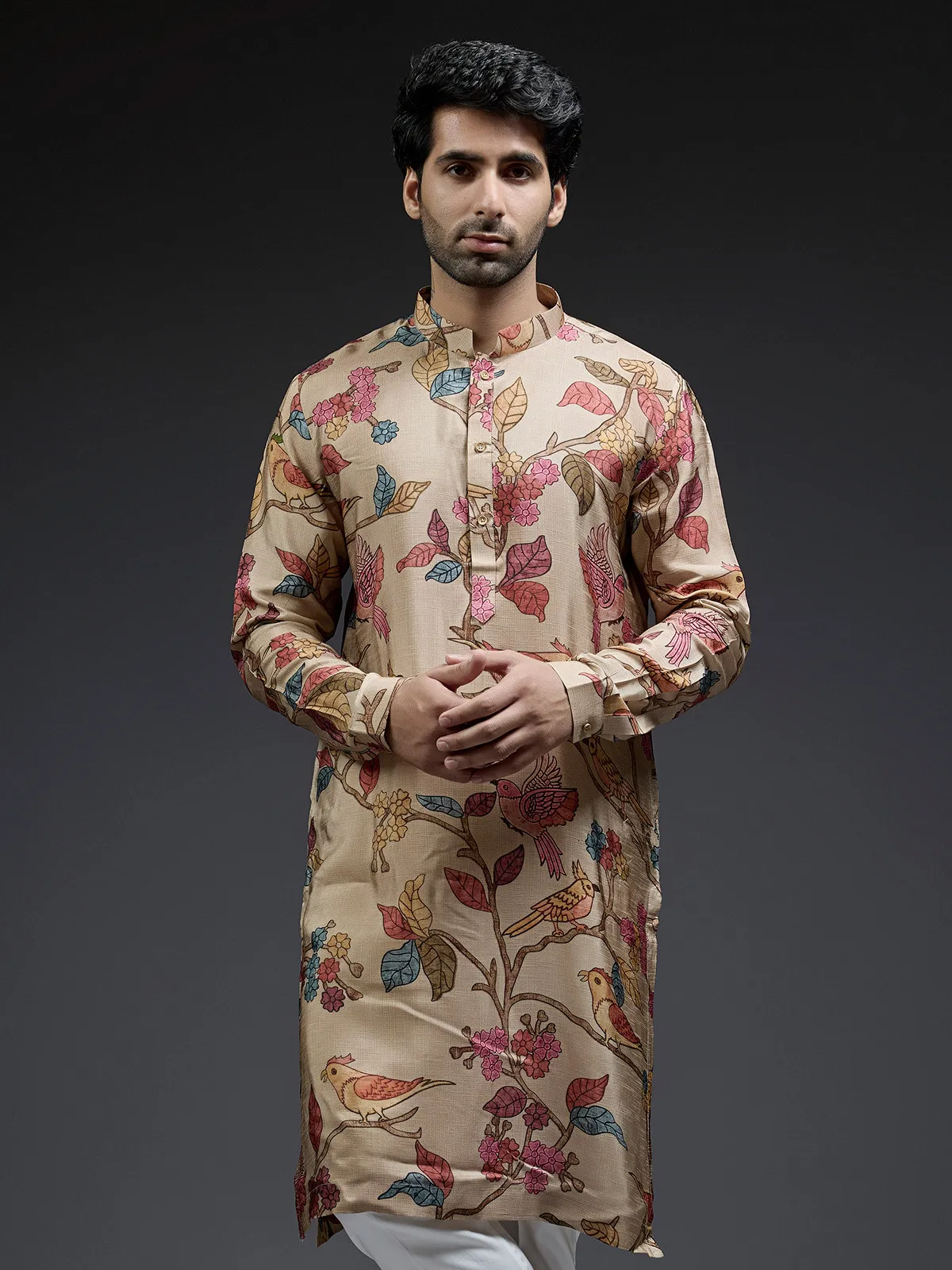 Trendy applique beige printed silk kurta suit for men